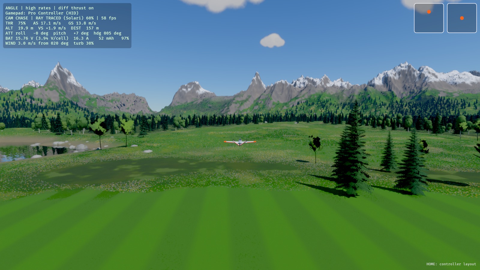 The T1-S flying over an alpine meadow, seen from the chase camera