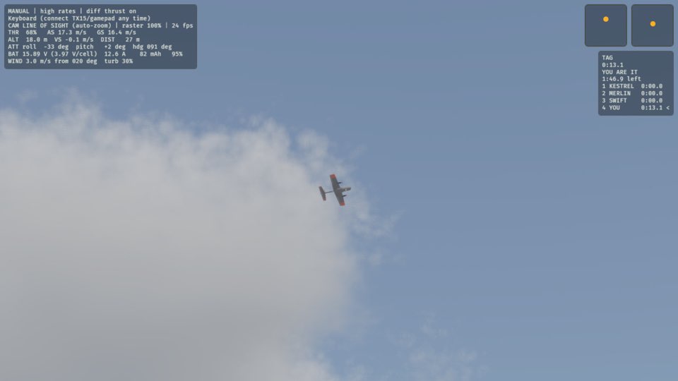 The computer pilots throw their planes, one each second, and the planes climb away.