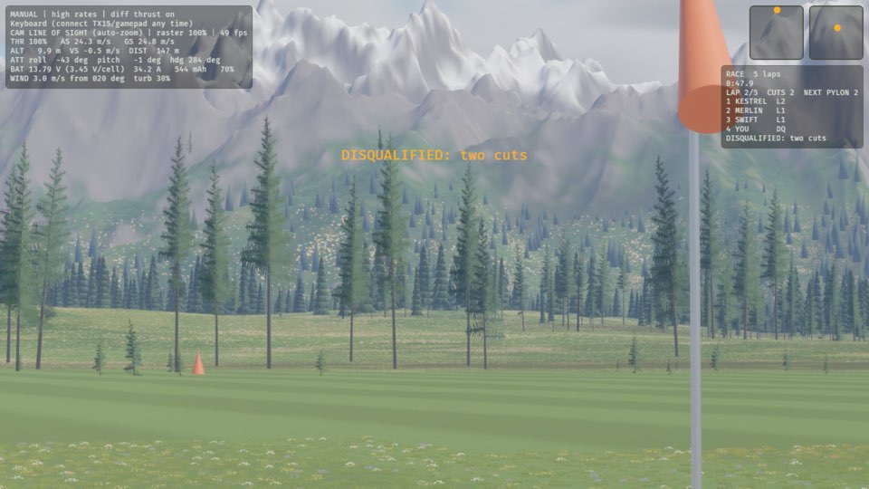 If the game is a race, the game clock is running, the plane is flying and the cut count is 1, turn inside the next pylon. The game panel says CUTS 2. The clock on the game panel stops, and the game panel shows the results.