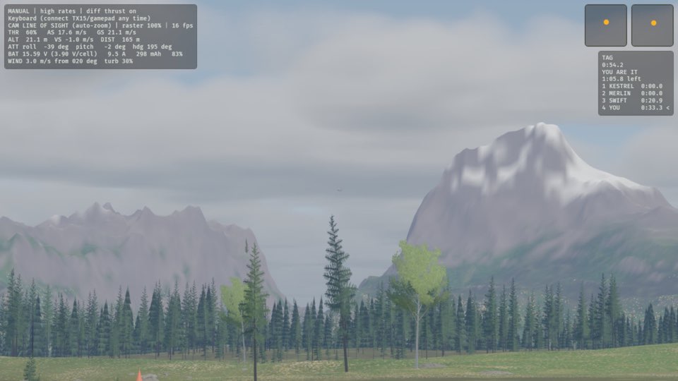 If the game is tag, the game clock is running, the plane is flying and the chaser is an opponent, fly out past the edge of the arena. The game panel says YOU ARE IT.
