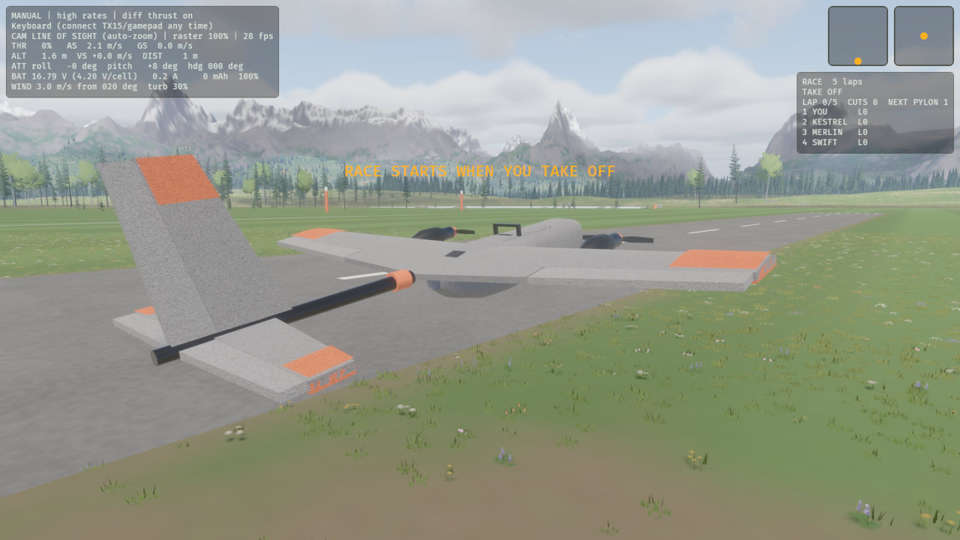 Three tall pylons stand on the field, and the game panel says RACE.