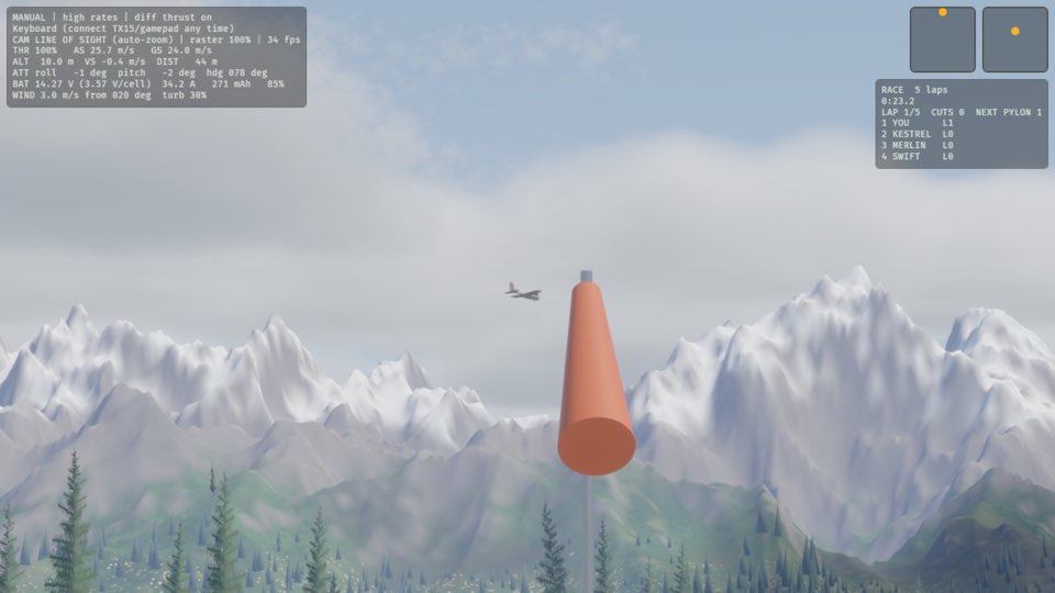 If the game is a race, the game clock is running, the plane is flying and the lap count is at most 4, fly round the outside of pylon 1, pylon 2 and pylon 3. Then fly across the start line. The lap count goes up by 1.